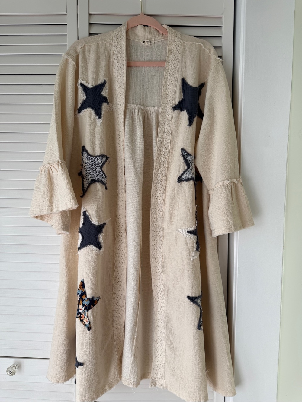 POL Cream Kimono Dress with Navy Star Appliqués
